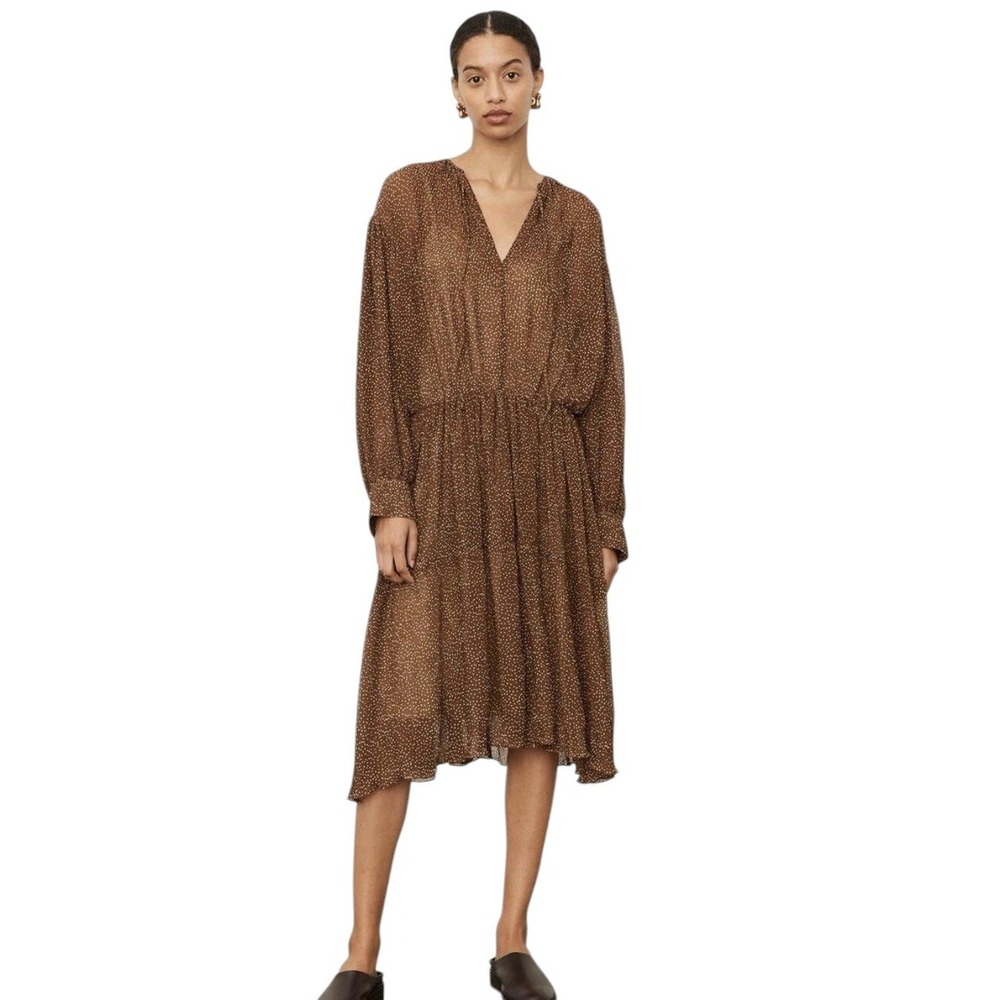 Vince Starry Dot Midi Dress Brown‎ Sheer Boho Minimal Quiet Luxury Long Sleeve M